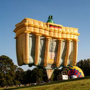 Architecture hot air balloon D-OBBT (brandenburg gate), seen at Horningsham, Wiltshire, United Kingdom on 14 September 2019. Photograph by Dave