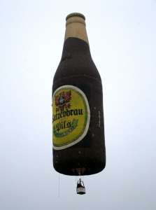 Drink hot air balloon G-BIRE, a Colt 56 Satzenbrau Bottle, added to the archive 7 September 2026. Photograph by Balloon Spotters Archive