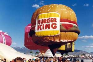 G-BLLE hot air balloon, a Cameron Burger King. Photograph by Mike Clarke