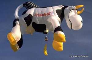 G-BRHH hot air balloon, a Cameron COW-106. Photograph by Balloon Spotters Archive