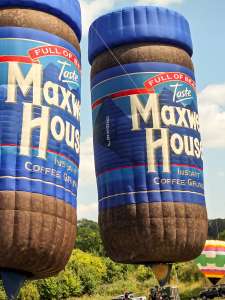 Coffee hot air balloon G-BVBJ, a Thunder AND Colt Colt Flying Coffee JAR (jar, maxwell house), seen at Corston, Bath and North East Somerset, United Kingdom on 18 July 2026. Photograph by Dave