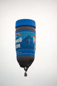 Coffee hot air balloon G-BVBK, a Thunder AND Colt Colt Flying Coffee JAR (jar, maxwell house), seen at Arrow, Warwickshire, United Kingdom on 31 May 2025. Photograph by Dave