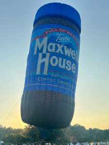 Coffee hot air balloon G-BVBK, a Thunder AND Colt Colt Flying Coffee JAR (jar, maxwell house), seen at Bath and North East Somerset, England, United Kingdom on 8 July 2026. Photograph by R0nN1e