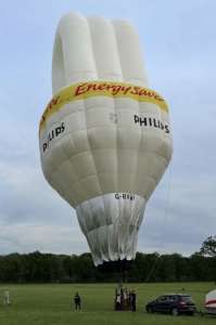 Energy Saver hot air balloon G-BVWI, a Cameron BULB-65 (light bulb), added to the archive 28 August 2026. Photograph by Gabriel
