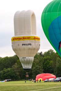 Energy Saver hot air balloon G-BVWI, a Cameron BULB-65 (light bulb), seen at Arrow, Warwickshire, United Kingdom on 30 May 2026. Photograph by Dave