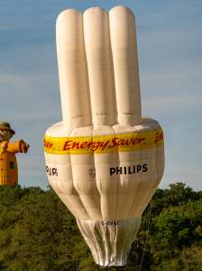 Energy Saver hot air balloon G-BVWI, a Cameron BULB-65 (light bulb), seen at Arrow, Warwickshire, United Kingdom on 30 May 2026. Photograph by Dave
