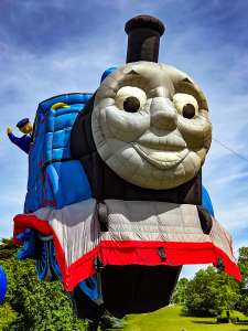 Thomas The Tank Engine hot air balloon G-BXND, a Cameron THOMAS-110 (transport, train), seen at Arrow, Warwickshire, United Kingdom on 30 May 2026. Photograph by Dave