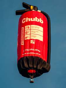 Chubb hot air balloon G-BZJA, a Cameron FIRE-90 (fire extinguisher), seen at Leigh Woods, North Somerset, United Kingdom on 11 August 2018. Photograph by Dave