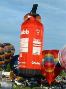 Chubb hot air balloon G-BZJA, a Cameron FIRE-90 (fire extinguisher). Photograph by Balloon Spotters Archive