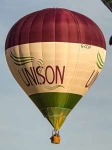 Unison hot air balloon G-CCXF, a Cameron Z-90, seen at Arrow, Warwickshire, United Kingdom on 30 May 2026. Photograph by Dave