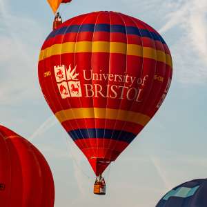 Bristol hot air balloon G-CDWD, a Cameron Z-105 (university), seen at Leigh Woods, North Somerset, United Kingdom on 8 August 2014. Photograph by Dave