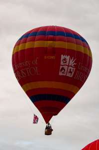 Bristol hot air balloon G-CDWD, a Cameron Z-105 (university), seen at Leigh Woods, North Somerset, United Kingdom on 9 August 2015. Photograph by Dave