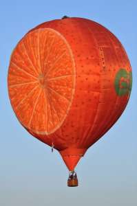 Fruit hot air balloon G-CDXW, a Cameron ORANGE-120 (orange, food), added to the archive 7 September 2026. Photograph by G Bann
