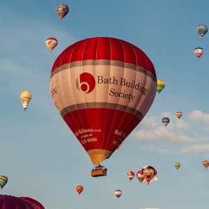Bath Building Society hot air balloon G-CERC, a Cameron Z-350 (banking), seen at Leigh Woods, North Somerset, United Kingdom on 8 August 2014. Photograph by Dave