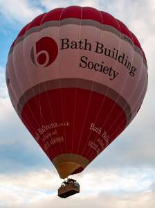 Bath Building Society hot air balloon G-CERC, a Cameron Z-350 (banking), seen at Leigh Woods, North Somerset, United Kingdom on 9 August 2015. Photograph by Dave