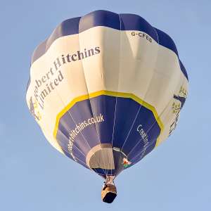 Robert Hitchins hot air balloon G-CFEB, a Cameron C-80, seen at Arrow, Warwickshire, United Kingdom on 29 May 2026. Photograph by Dave