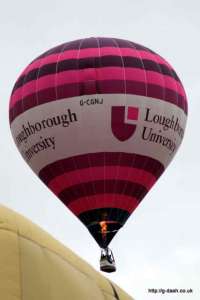 Loughborough hot air balloon G-CGNJ, a Cameron Z-105 (university), added to the archive 7 September 2026. Photograph by Balloon Spotters Archive