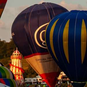 Cfs hot air balloon G-CHEL, a Cameron Balloons Colt 77B (chelsea), seen at Leigh Woods, North Somerset, United Kingdom on 8 August 2014. Photograph by Dave