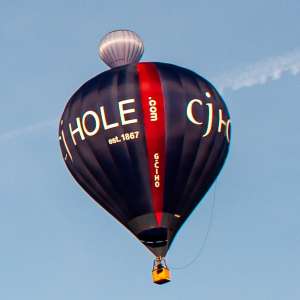 Cj Hole hot air balloon G-CIHO, a Cameron Z-77, seen at Leigh Woods, North Somerset, United Kingdom on 8 August 2014. Photograph by Dave