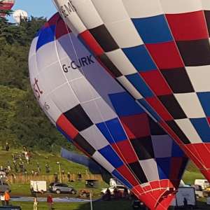 Bws hot air balloon G-CJRK, a Cameron Z-31, seen at Leigh Woods, North Somerset, United Kingdom on 13 August 2017. Photograph by Dave