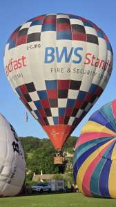 Bws hot air balloon G-CJRO, a Cameron Z-105, seen at Box, Wiltshire, United Kingdom on 24 May 2026. Photograph by Dave
