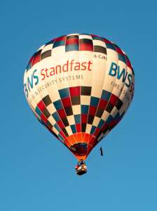 Bws hot air balloon G-CJRO, a Cameron Z-105, seen at City Centre, Bristol, United Kingdom on 20 July 2026. Photograph by Dave