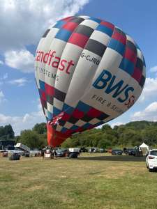 Bws hot air balloon G-CJRO, a Cameron Z-105, seen at Corston, Bath and North East Somerset, United Kingdom on 18 July 2026. Photograph by R0nN1e
