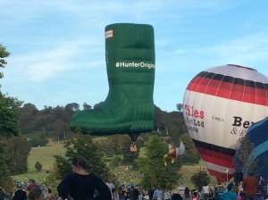 Boot hot air balloon G-CLBH, a Lindstrand Technologies LTL Series Special - Boot (wellington, welly), seen at Horningsham, Wiltshire, United Kingdom on 15 September 2019. Photograph by Cera168_