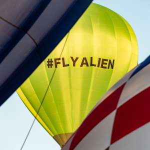 Alien hot air balloon G-CMLH, a Diamond P-90L, seen at Oswestry, Shropshire, United Kingdom on 17 August 2025. Photograph by Dave