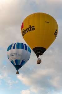 Bradfords hot air balloon G-CMND, a Cameron Z-140, seen at Leigh Woods, North Somerset, United Kingdom on 9 August 2026. Photograph by Dave