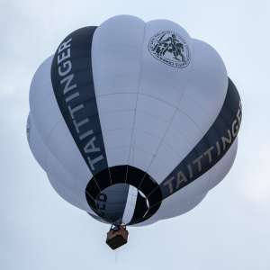 Champange hot air balloon G-CMSB, a Cameron O-90 (tattinger, drink), seen at Leigh Woods, North Somerset, United Kingdom on 9 August 2025. Photograph by Dave