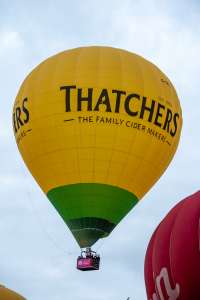 Thatchers hot air balloon G-CMTW, a Cameron Z-210, seen at Leigh Woods, North Somerset, United Kingdom on 9 August 2025. Photograph by Dave