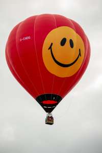 Smile hot air balloon G-CNBG, a Balony Kubicek SPOL. S R.O. BB30E, seen at Horningsham, Wiltshire, United Kingdom on 11 September 2026. Photograph by Dave