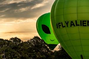 Alien hot air balloon G-CNDA, a Kubicek Factory S.R.O. BB22E, seen at Northampton, West Northamptonshire, United Kingdom on 16 August 2026. Photograph by Dave