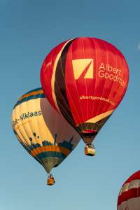 Albert Goodman hot air balloon G-CNDB, a Cameron Z-120, seen at Leigh Woods, North Somerset, United Kingdom on 9 August 2026. Photograph by Dave