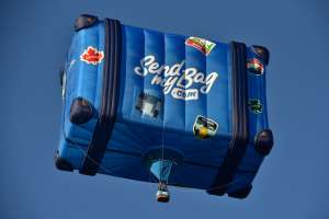 Send My Bag hot air balloon G-CNDJ, a Cameron Graz BOX-110 (luggage, suitcase). Photograph by Dave