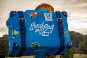 Luggage hot air balloon G-CNDJ, a Cameron Graz BOX-110 (send my bag, suitcase), seen at Horningsham, Wiltshire, United Kingdom on 11 September 2026. Photograph by Dave