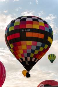 G-DUNS hot air balloon, a Lindstrand HOT AIR Balloons LBL 90A, seen at Northampton, West Northamptonshire, United Kingdom on 16 August 2026. Photograph by Dave
