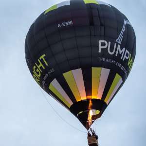 Pumpwright hot air balloon G-ESMI, a Cameron Z-90, seen at Leigh Woods, North Somerset, United Kingdom on 9 August 2025. Photograph by Dave