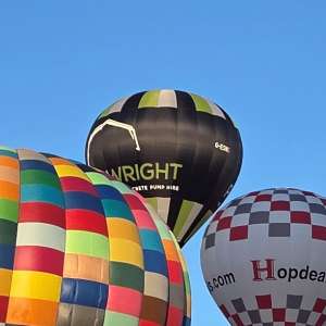 Pumpwright hot air balloon G-ESMI, a Cameron Z-90, seen at Leigh Woods, North Somerset, United Kingdom on 7 August 2026. Photograph by Dave