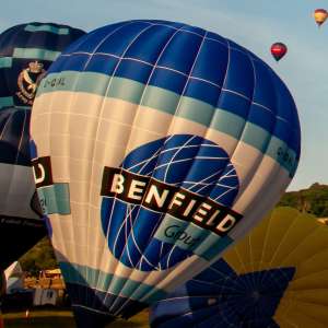 Benfield hot air balloon G-GOAL, a Lindstrand Balloons LBL 105A, seen at Leigh Woods, North Somerset, United Kingdom on 8 August 2014. Photograph by Dave