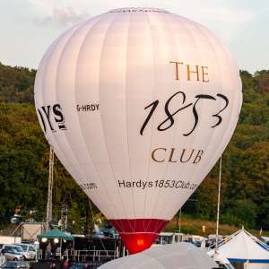 Hardys hot air balloon G-HRDY, a Cameron Z-105, seen at Leigh Woods, North Somerset, United Kingdom on 8 August 2014. Photograph by Dave