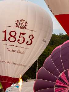 Hardys hot air balloon G-HRDY, a Cameron Z-105, seen at Leigh Woods, North Somerset, United Kingdom on 9 August 2015. Photograph by Dave