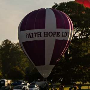 Faith Hope Love hot air balloon G-ICOR, a Lindstrand Technologies LTL Series 2-60, seen at Horningsham, Wiltshire, United Kingdom on 14 September 2019. Photograph by Dave