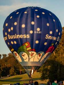 Snow hot air balloon G-KAYI, a Cameron Z-90 (snow business), seen at Horningsham, Wiltshire, United Kingdom on 14 September 2019. Photograph by Dave