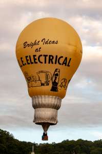 Le Electrical hot air balloon G-LAMP, a Cameron LIGHTBULB-110 (light bulb), seen at Leigh Woods, North Somerset, United Kingdom on 9 August 2015. Photograph by Dave