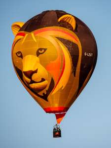 Lion hot air balloon G-LEAT, an Ultramagic B-70 (animals), seen at Horningsham, Wiltshire, United Kingdom on 14 September 2019. Photograph by Dave