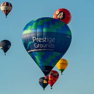 Prestige Grounds hot air balloon G-MOWW, a Cameron Z-105, seen at Leigh Woods, North Somerset, United Kingdom on 7 August 2026. Photograph by Dave