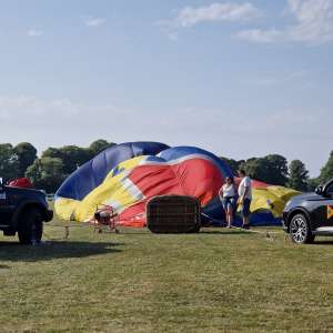 Cadburys hot air balloon G-OEGG, a Cameron EGG-65 (creme egg), seen at Barbourne, Worcestershire, United Kingdom on 21 June 2025. Photograph by Dave