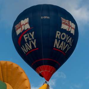 Fly Navy hot air balloon G-OFAA, a Cameron Z-105 (royal navy), seen at Leigh Woods, North Somerset, United Kingdom on 9 August 2026. Photograph by Dave